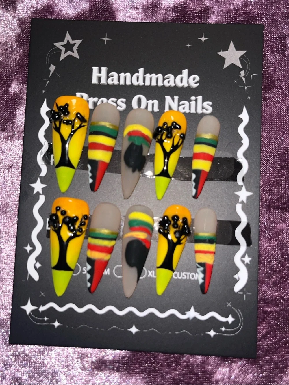Handmade Press-On Nails in Yellow, Red & Green